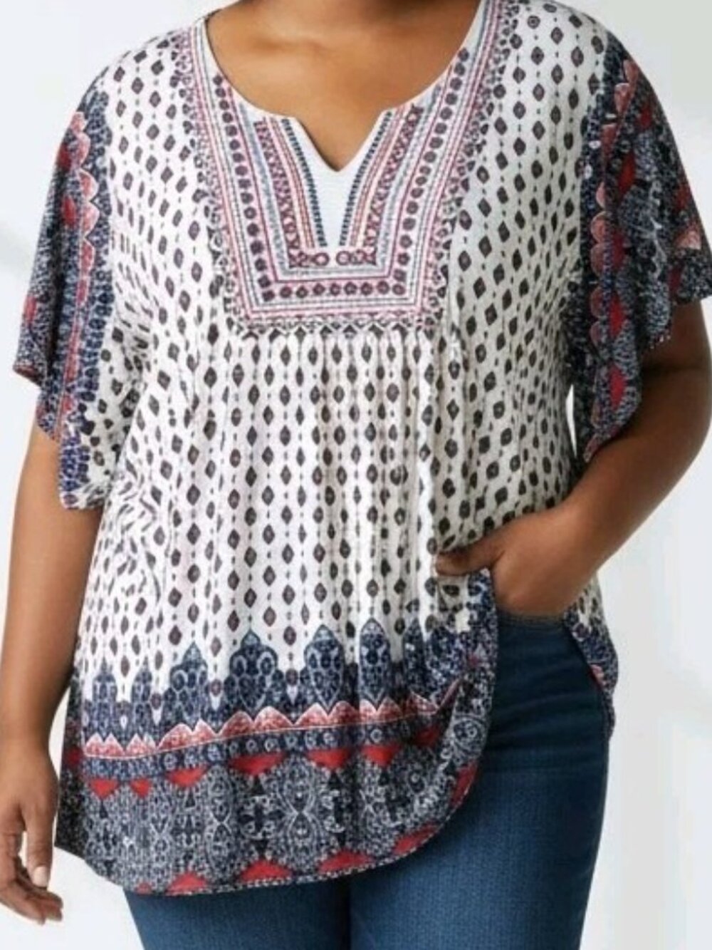 One World Print Tunic Top Batwing Boho Casual Embroidered Size XXL New